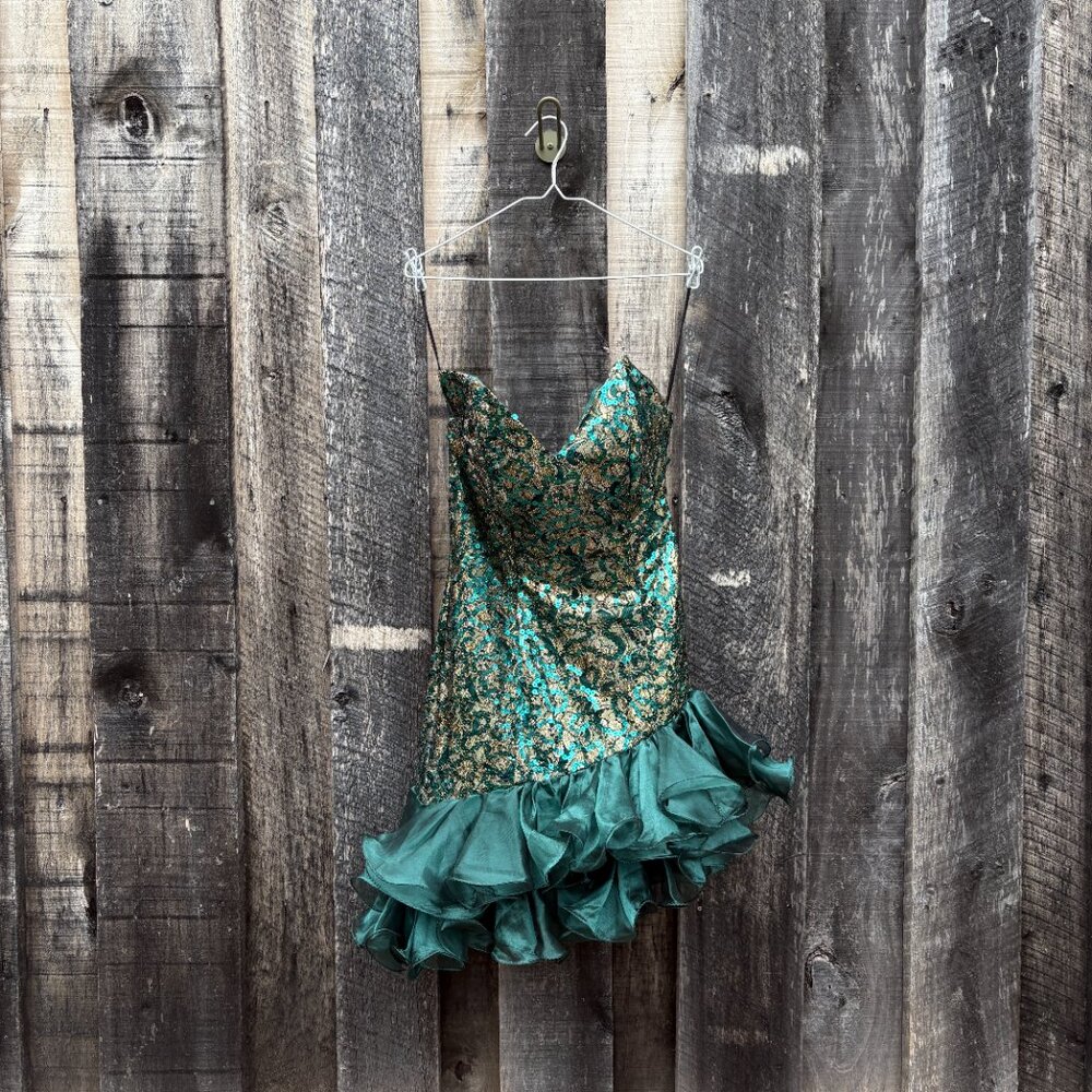 Teal Green Gold Sequins Prom Mini Asymmetrical Ruffle Dress